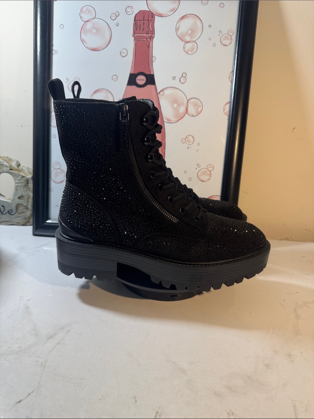 NWOT Guess Fearnea Black Rhinestone Combat Boots with Side Zip - Women’s Size 9M